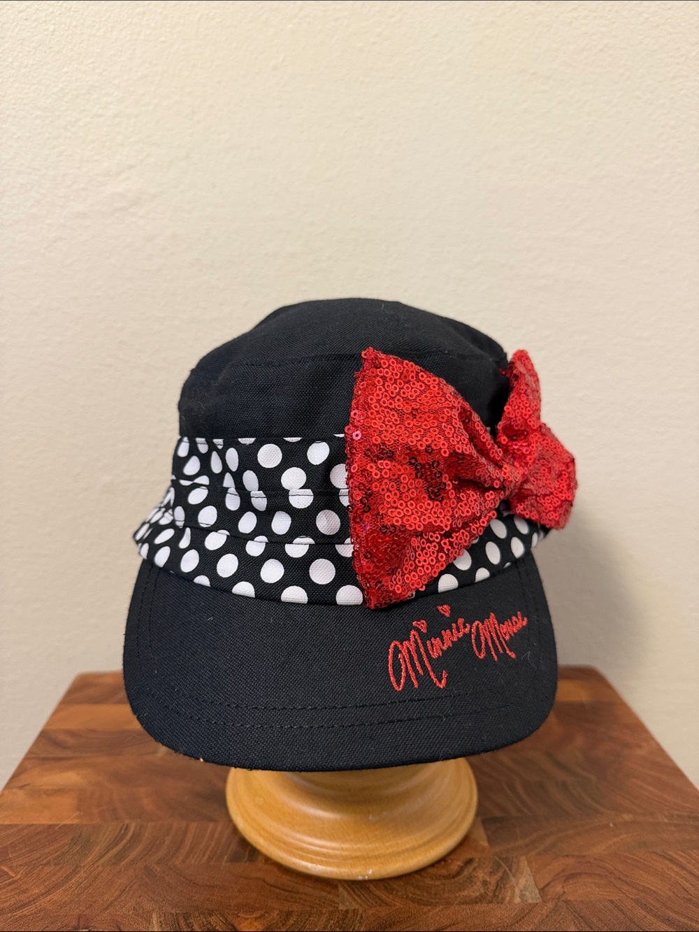 Disney Minnie Mouse Bow Hat Cap Strap Back Adult One Size Black Cotton Polka Dot